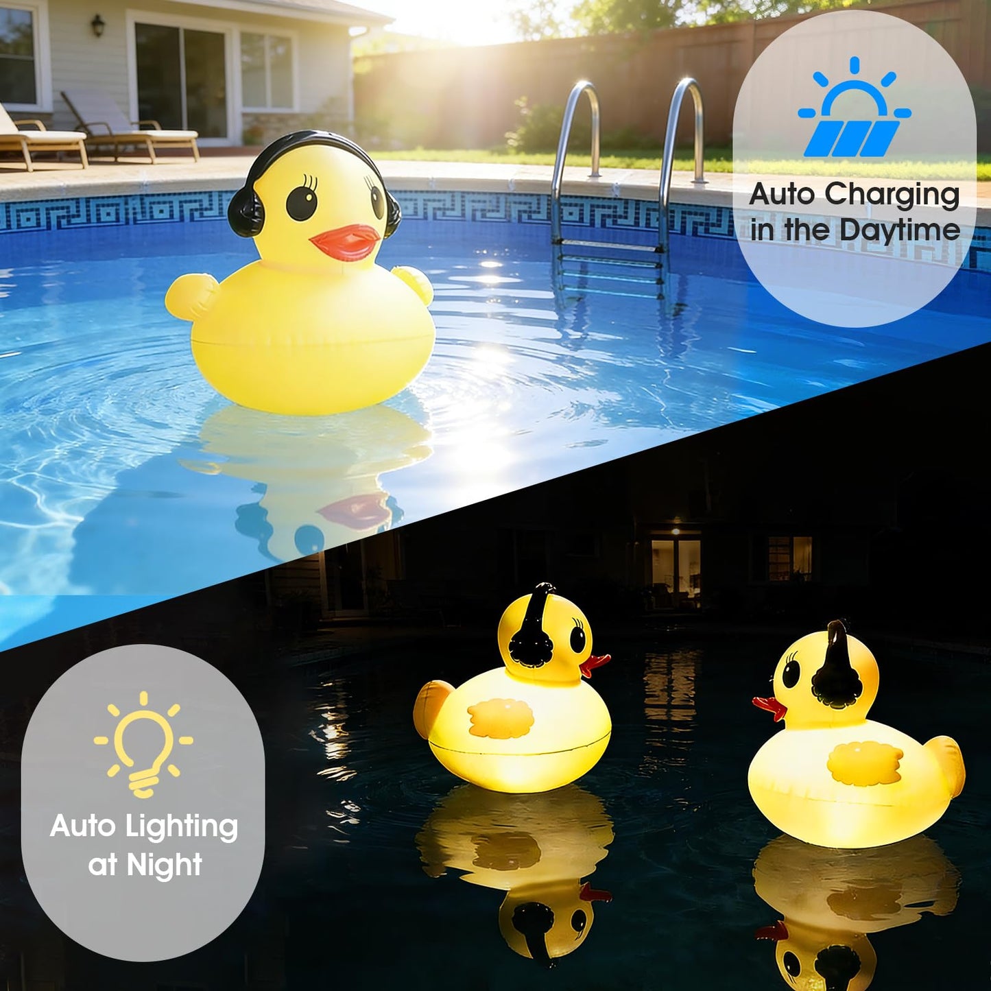 Floating Solar Pool Lights, 16 inch Waterproof Pool Lights that Float, Light up LED Pool Accessories, Glow Duck Pool Light, Inflatable Solar Floating Light for Pools,Pond,Hot tub,Party-2pcs