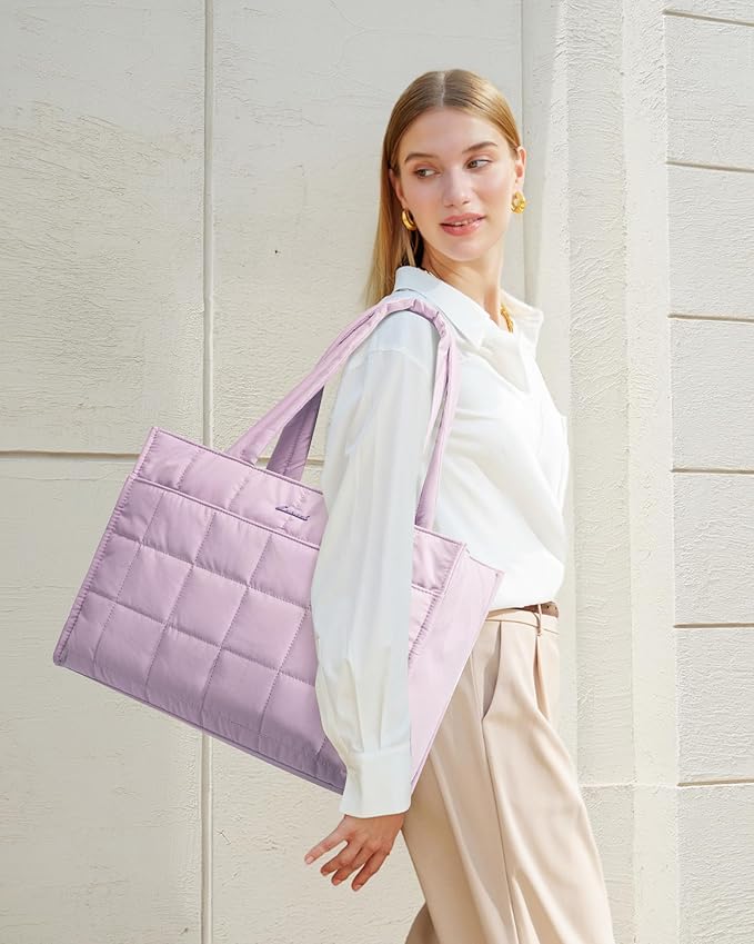 LOVEVOOK Tote Bag for Women, Puffer Work Handbag 17 Inch Laptop Purse for Nurse Teacher, Large Quilted Travel Tote Shoulder Bag with Zipper for College Office Clinical Gym, Light Purple