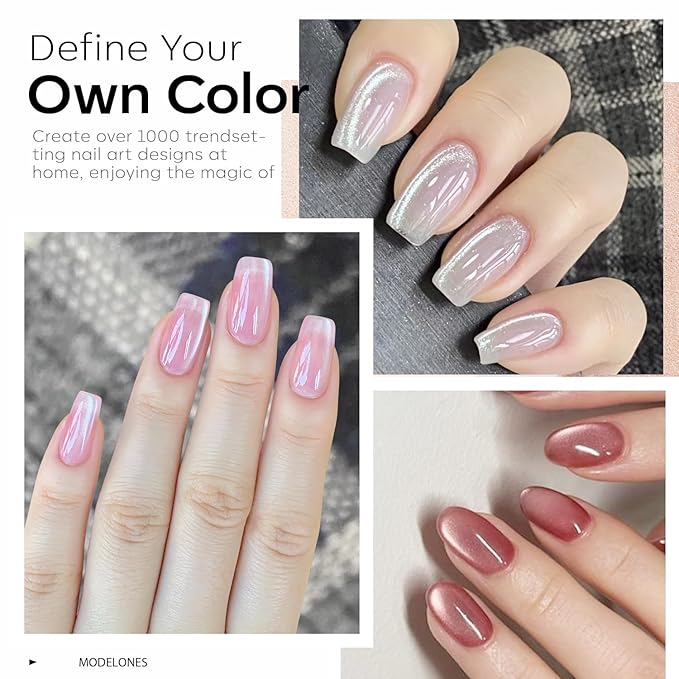 modelones Gel Nail Polish Set, 6 Colors Nude Pink Silver 9D Glassy Cat Eye Glitter Gel Polish Semi-transparent Neutral Brown Nail Polish Soapnails with Magnet Soak Off Led Nail Art DIY Gift