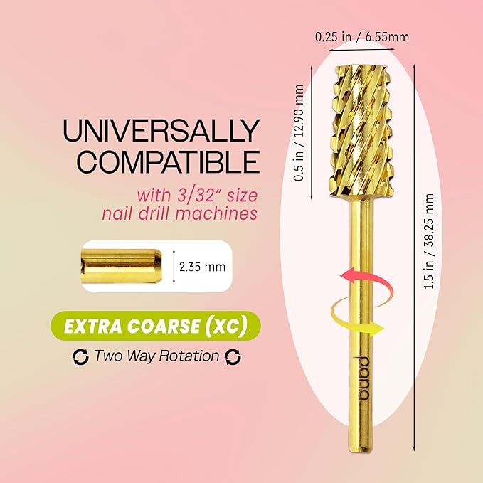PANA Tapered Barrel Carbide 3/32" Shank Size - (Gold, Extra Coarse Grit) - Fast remove Acrylic or Hard Gel Nail Drill Bit for Manicure Pedicure Salon Professional or Beginner