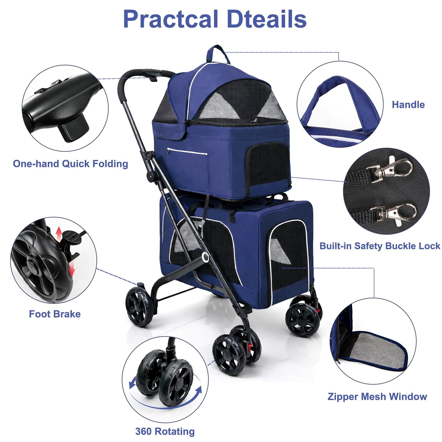 Petmolico Double Pet Stroller for 2 Cats/Dogs Strollers,2 Detachable Cat Carrier,No-Zip Double Pet Travel Storller for Small/Medium Dogs(Blue&Black)