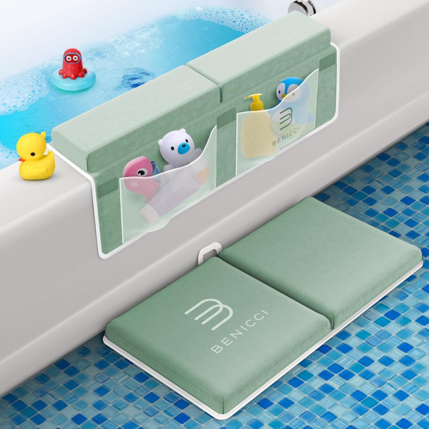 Comfortable Bath Kneeler and Elbow Kneeling Rest Pad for Baby Bathing Parents - Painless Foam Mat with Toy Organizer Pockets - Quick Drying, Foldable, Non-Slip for Baby and Toddler Bathing - Green