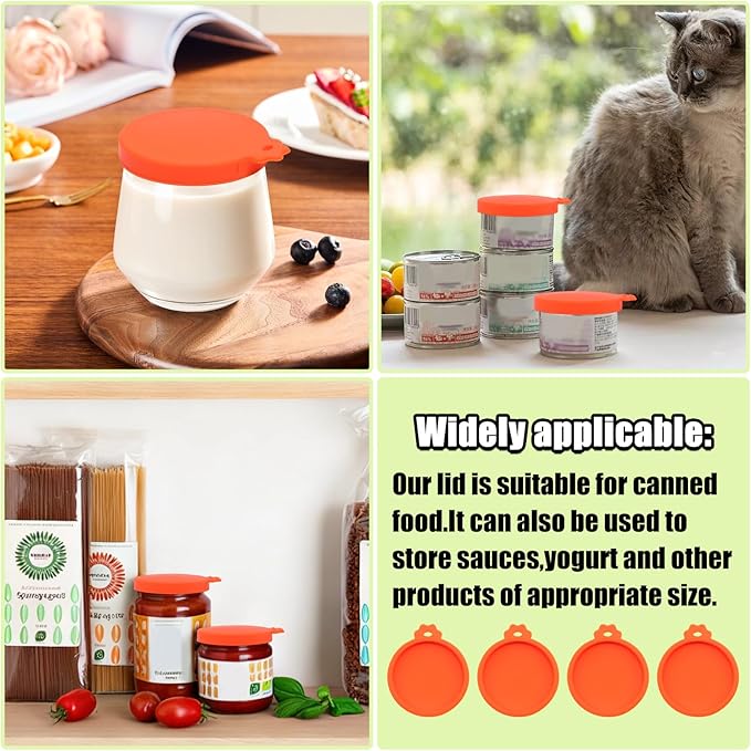 PINE & LINEN 4 Pcs 2.5inch Durable Pet Can Lids,Silicone Small Pet Can Covers Waterproof Cat Food Cans Lids for 3 oz Cat Food Cans（Orange）