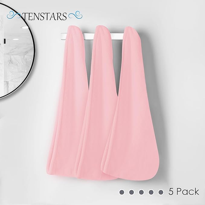 TENSTARS 5 Pack Thicken Microfiber Hair Towel Wrap for Women - Elastic Loop Design - 320GSM Coral Velvet - Quick Dry Hair Turban - 11x28 Inch (Pink)