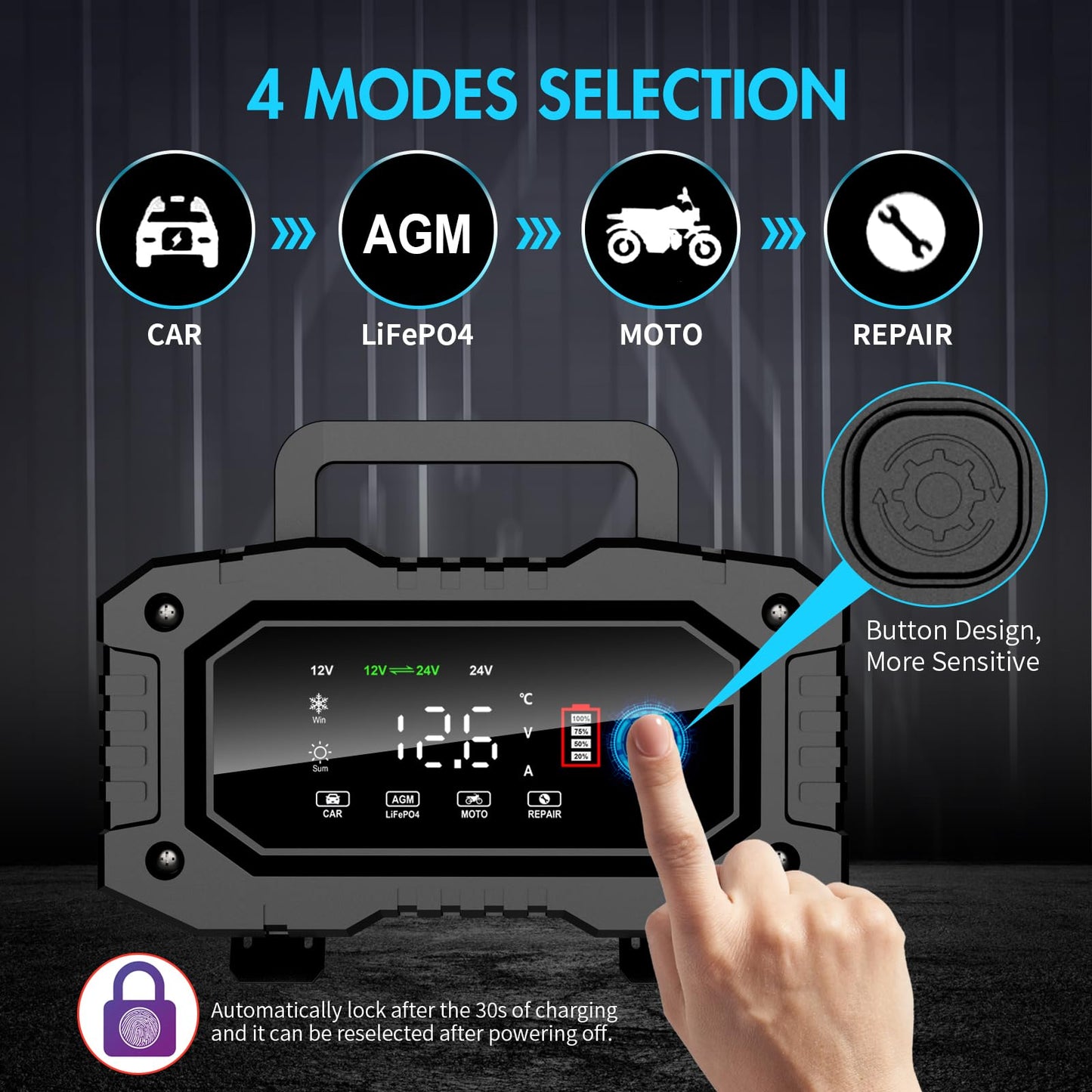 YONHAN Battery Charger 20A 12V/24V LiFePO4 Lead Acid Fully Automatic Battery Maintainer, Car Battery Trickle Charger Automotive w/Repair, Winter Mode, for AGM, STD, Gel, Deep Cycle Batteries