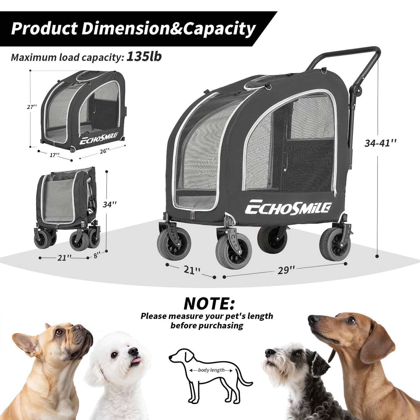 EchoSmile 4 Wheels Pet Stroller, Dog & Cat Stroller for All-Season, Lightweight Carrier with Storage Basket, Adjustable Handle, Removable Pad, Breathable Mesh, Up to 135 lbs, Black (Black)