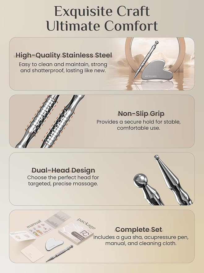 Rena Chris Acupuncture Pen, Manual Reflexology Tools for Muscle Tension and Pain Relief, Acupressure Pen and Stainless Steel Gua Sha Set with Reflexology Chart, Easy to Use
