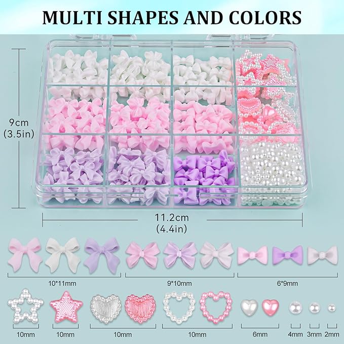 3D Nail Charms and Flatback Pearls #3, 600 Pcs Pink White Lilac Multi Styles Bowknot Charms + Pink&White Star Heart Nail Jewels + 2-6mm White Nail Pearls for Nail Art Design with Pickup Tools