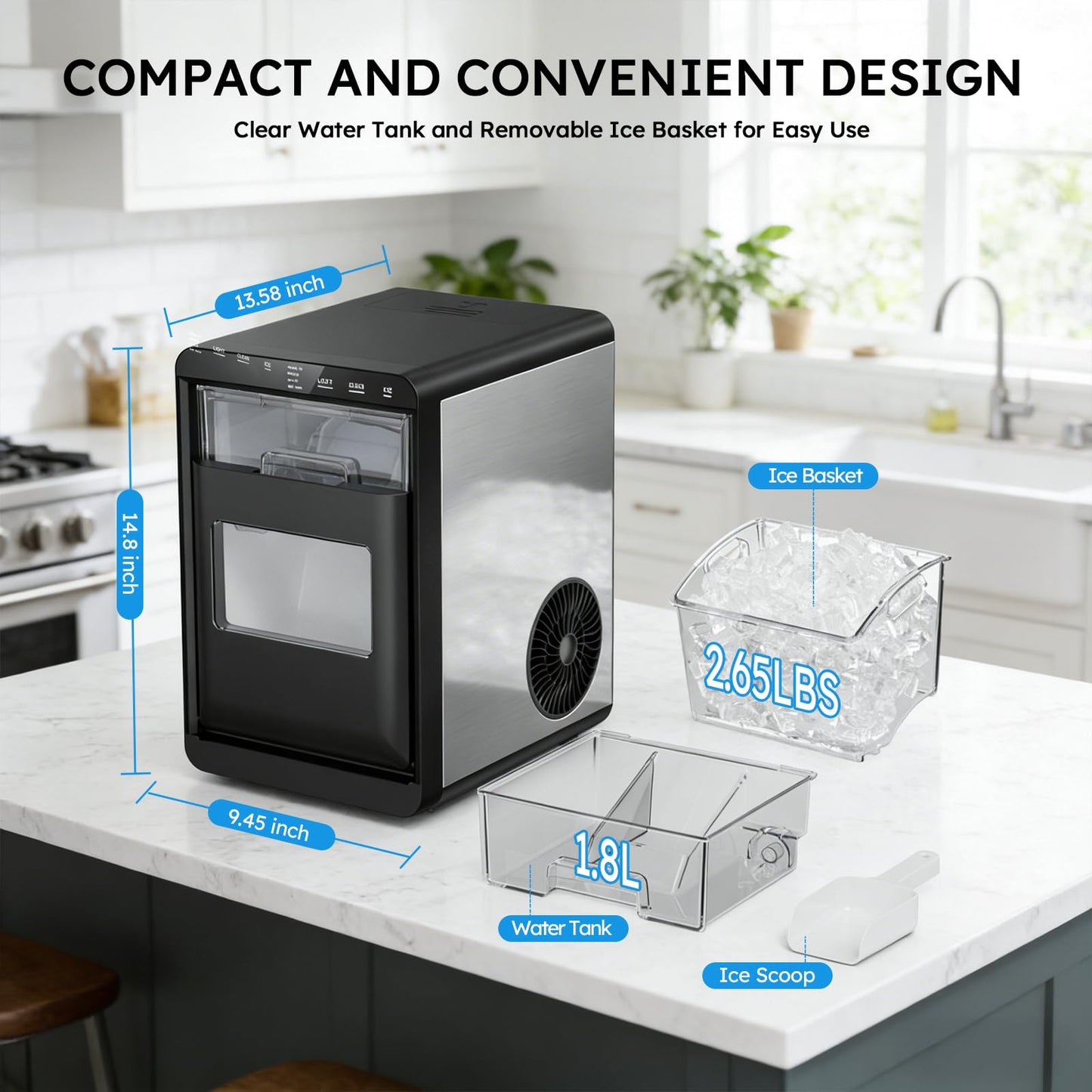 Mojgar Countertop Ice Maker Machine with Handle, Portable Ice Maker Produces 26Lbs/24H, 8 Bullet Ice Cubes Ready in 6 Mins, 2 Ice Sizes, Self-Cleaning Ice Machine for Home, Kitchen, RV & Camping