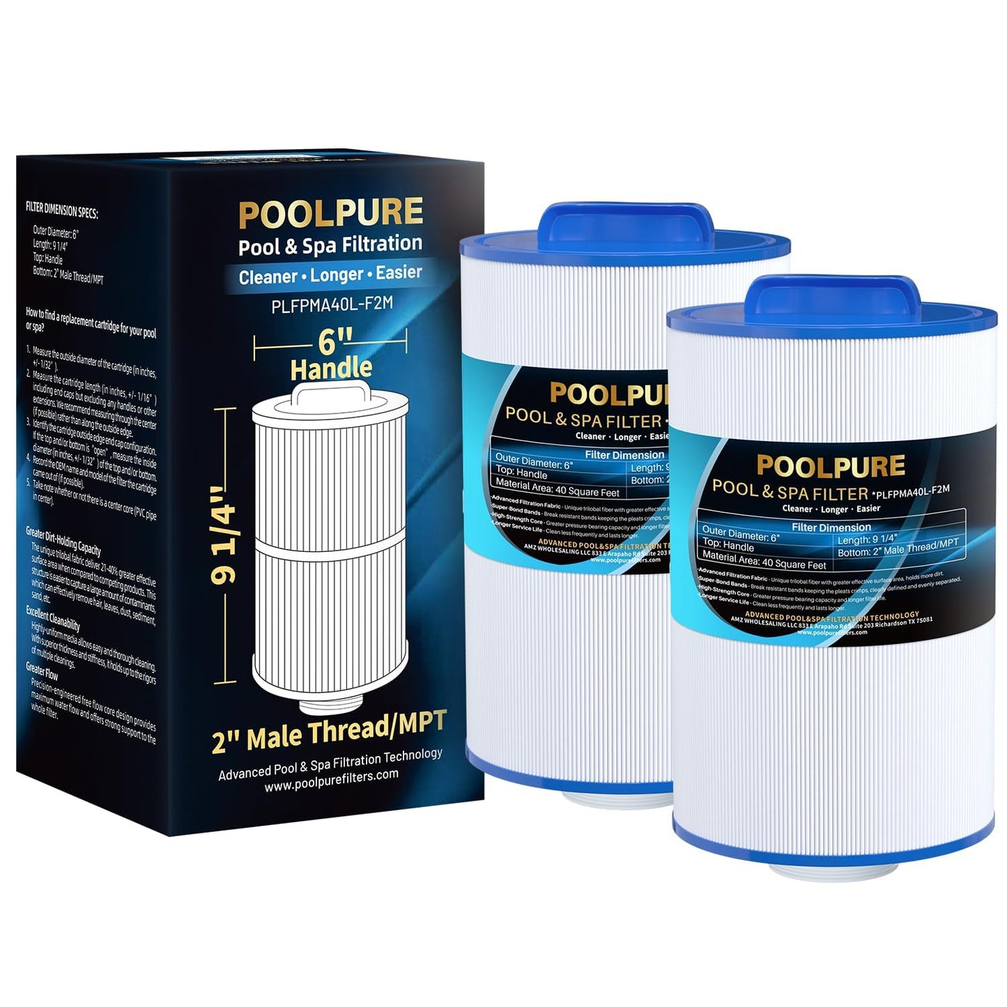 POOLPURE Replacement Spa Filter for PMA40L-F2M, Master Spas Twilight X268365, X268543, Unicel 6CH-402, 2" Male Thread/MPT Hot Tub Filter (2)