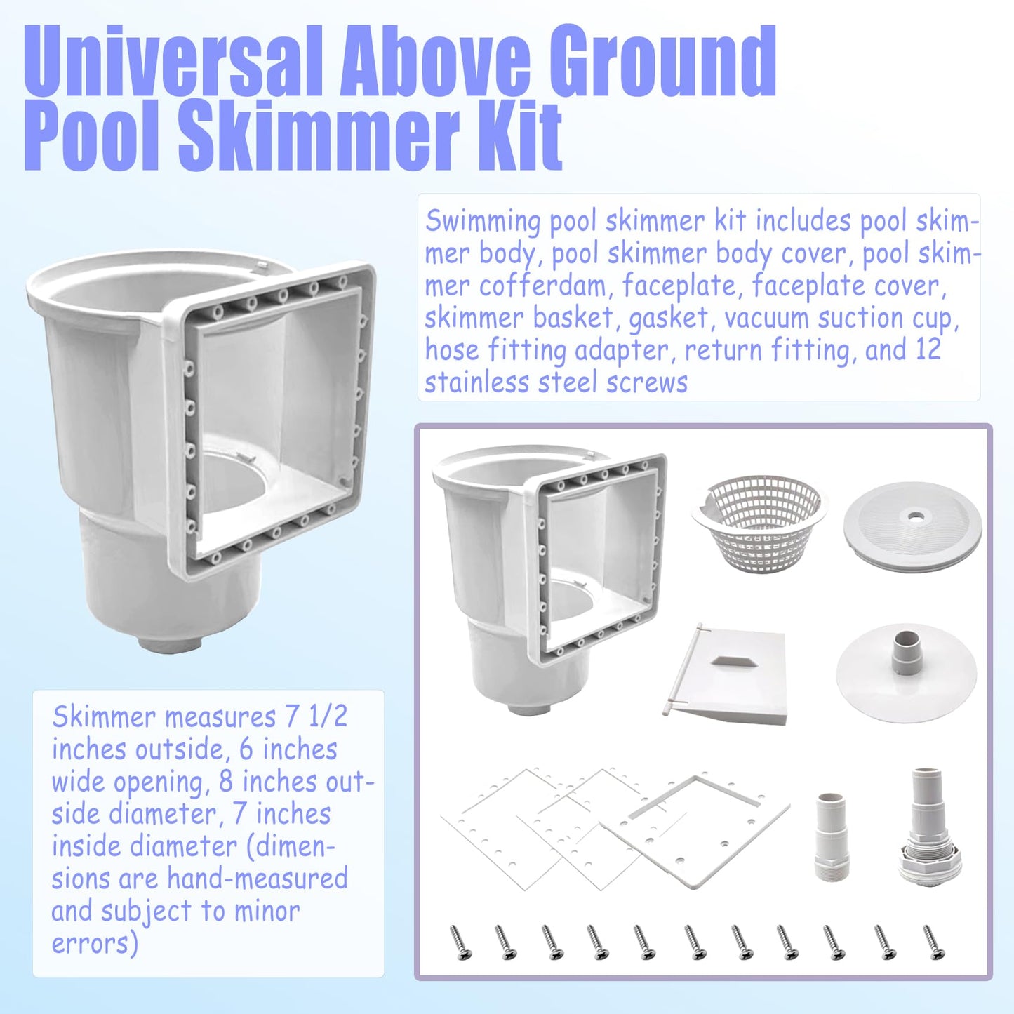 Above Ground Pool Skimmer,Thru-Wall Skimmer,Above Ground Pool Skimmer（With Accessories）Opening Width 6 Inches,Compatible With All Standard Pool Wall Openings,Replace SP1091LX Above Ground Pool Skimmer