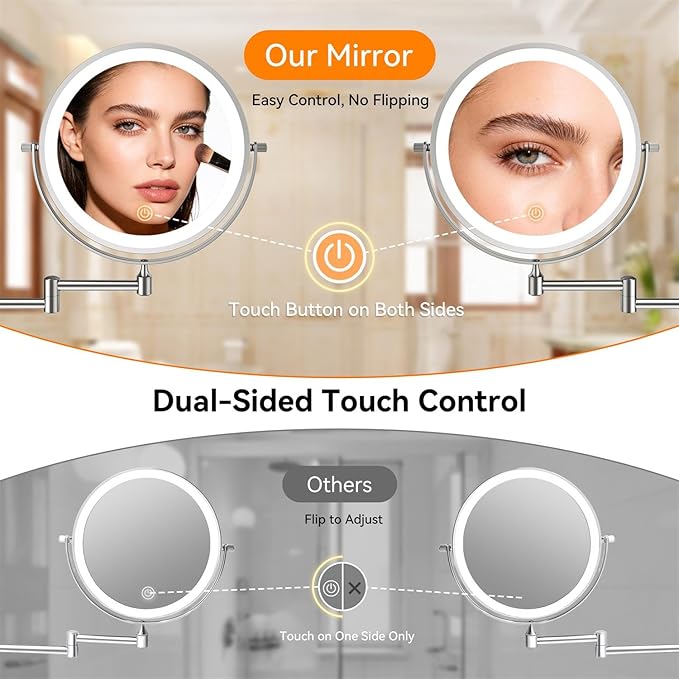 Auxmir 1X/30X Wall Mounted Lighted Makeup Mirror, 8" Rechargeable Double-Sided Magnifying Mirror with Light, Touch Dimmable 3 Color Light, 360° Rotation Foldable Extended Arm, Chrome