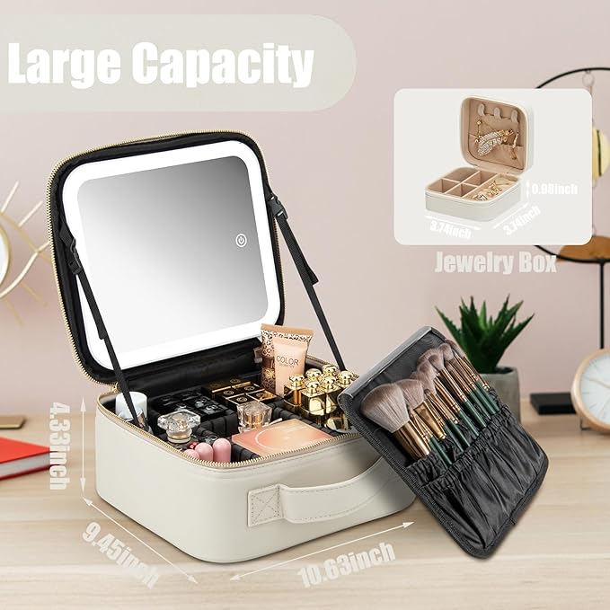 Makeup Travel Train Case with Mirror LED Light 3 Adjustable Brightness Large Cosmetic Bag Portable Storage Adjustable Partition Waterproof Make up Brushes Makeup Jewelry Gift for Women