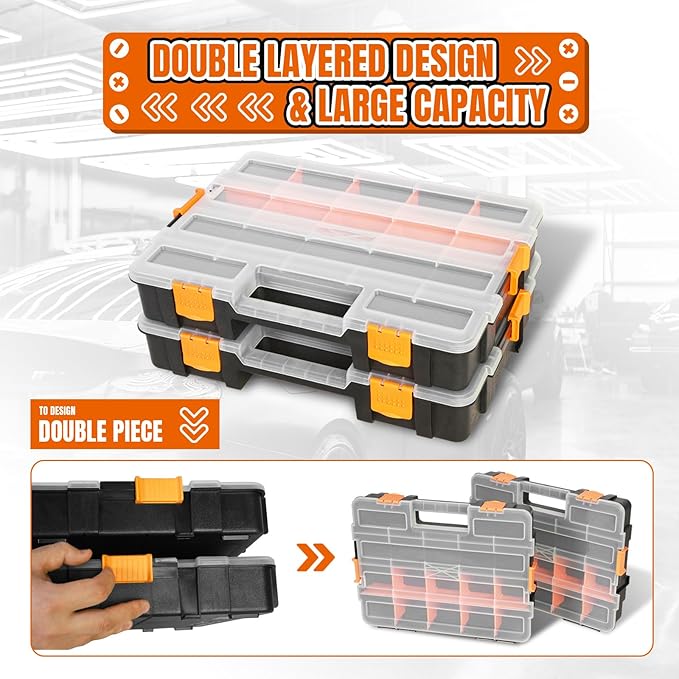 Tool Box with Transparent Lid, Single Side 17-Compartments Organizer Box with Removable Dividers for Hardware, Screws, Bolts, Nails, Beads, Jewelry and Fishing Accessories, Orange, 2 Pack