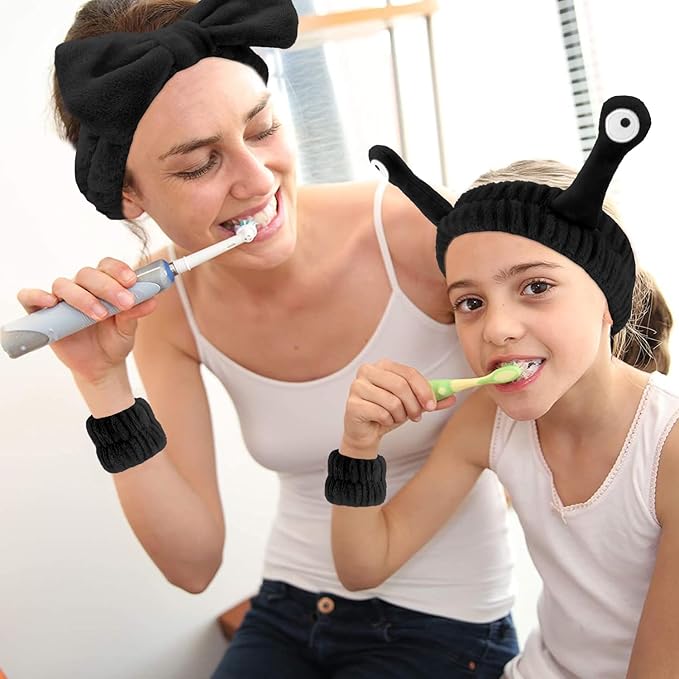 Spa Headband and Wristband Set Skincare Headband Makeup Headband Bowknot Snail Headbands Wrist Bands for Washing Face Cute Animal Face Wash Headband for Women Girls (Black)
