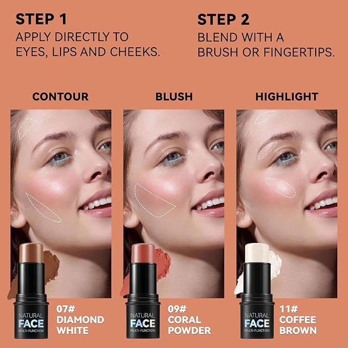 3Pcs Cream Contour Stick Makeup Kit, Shades with Highlighter, Blush and Bronzer Contour Stick for Sculpt the Cheeks, Long Lasting, Waterproof, Matte & Dewy Finish (FAIR(7+9+11))