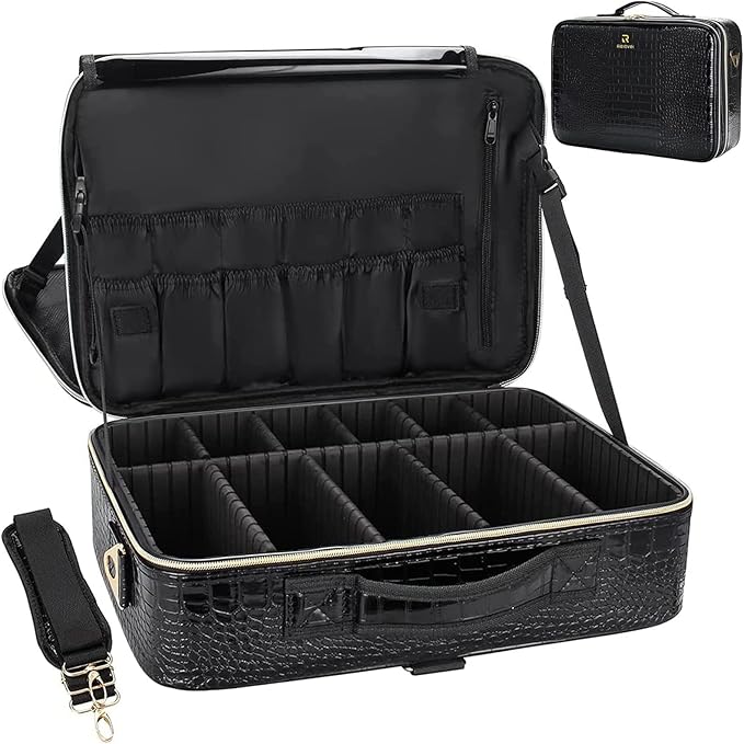 Relavel Professional Train Case - 16.5 Inch Travel Cosmetic Organizer, Waterproof Makeup Artist Storage Box with Large Capacity (Crocodile Pattern)