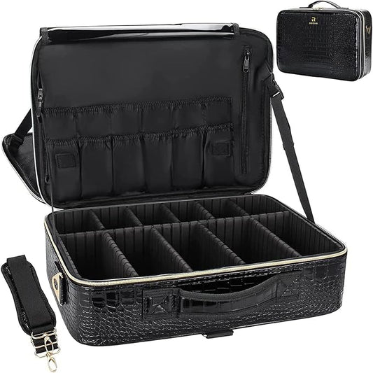 Relavel Professional Train Case - 16.5 Inch Travel Cosmetic Organizer, Waterproof Makeup Artist Storage Box with Large Capacity (Crocodile Pattern)