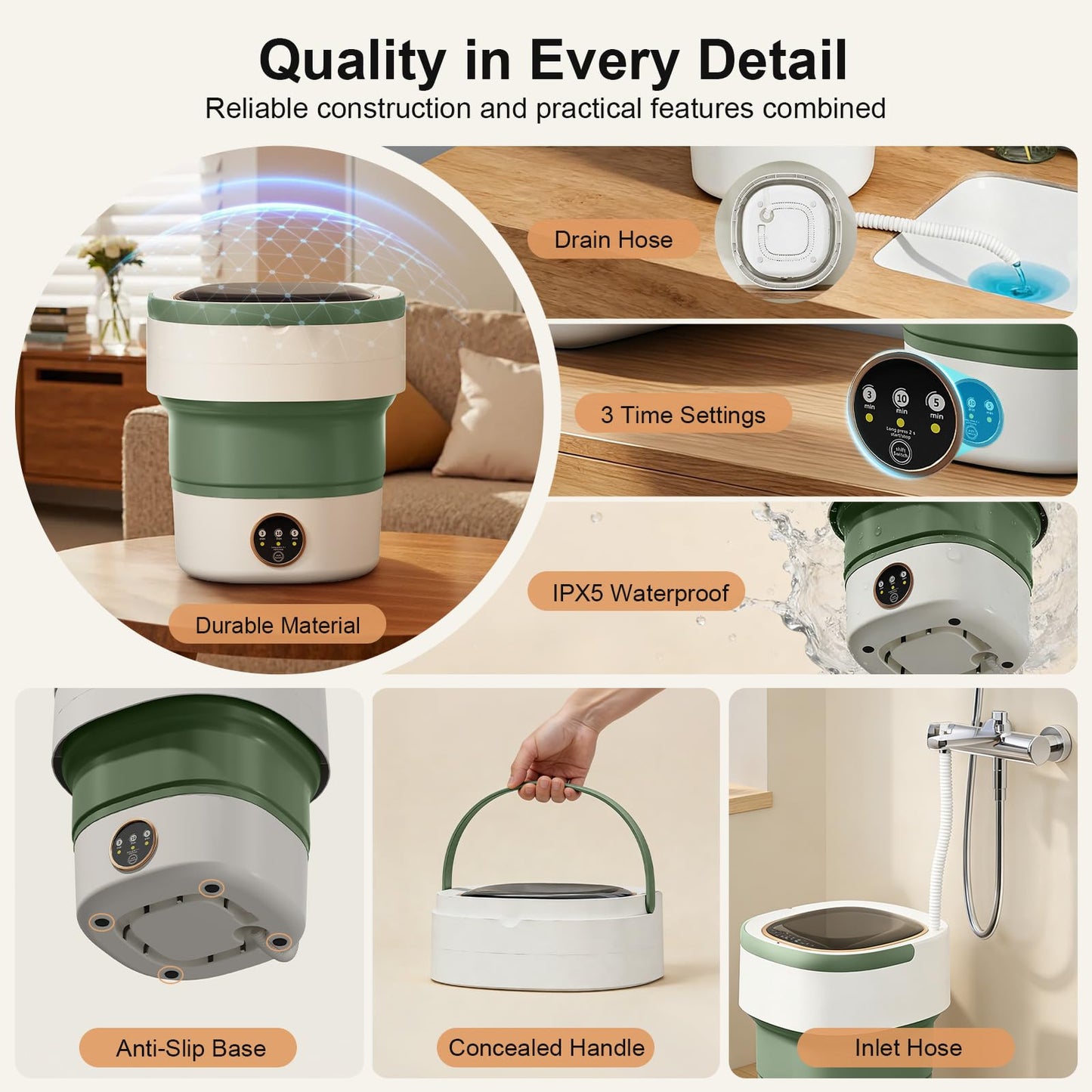 Portable Washing Machine - 20L Mini Foldable Washer with Spin Basket, 3 Cleaning Modes & Deep Cleaning for Small Clothes, Collapsible Laundry for Apartment, Home, Hotel and Travel (Green)