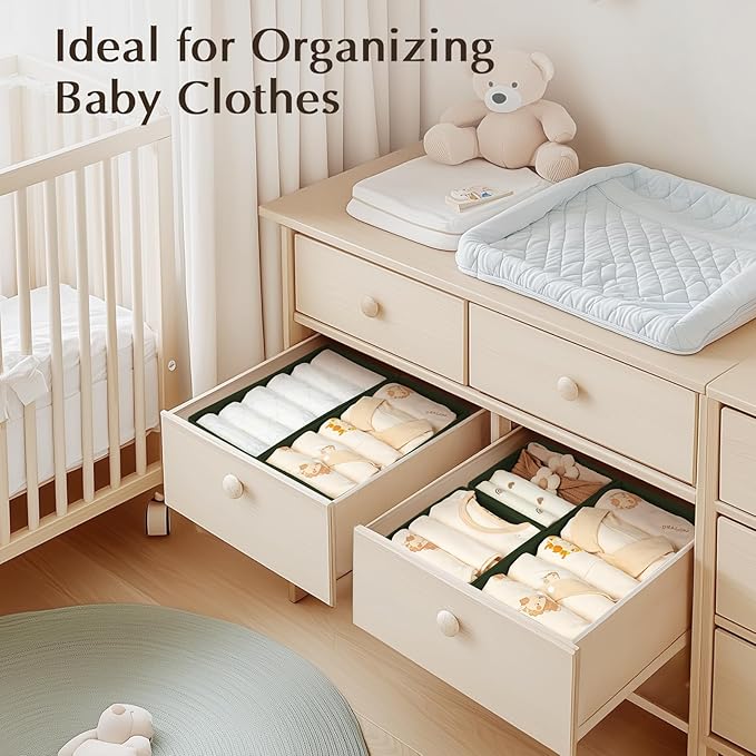 DIMJ Drawer Organizers Clothes, Set of 8 Dresser Organizer Bins, Fabric Closet Organizers and Storage, Shallow Drawer Dividers for Nursery, Clothing, Baby Clothes, Socks, Underwears, Tie (Green)