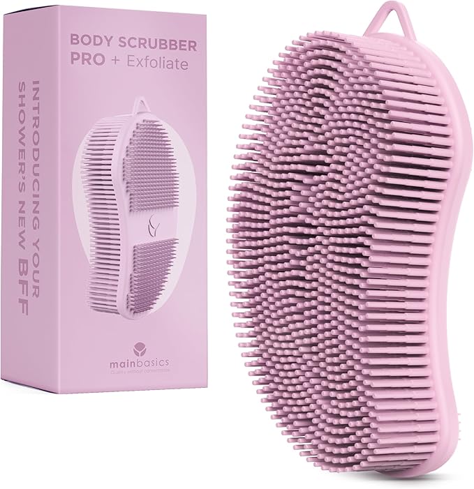 MainBasics Silicone Body Scrubber Dual-Sided Shower Loofah and Exfoliator (Pink, Exfoliate)