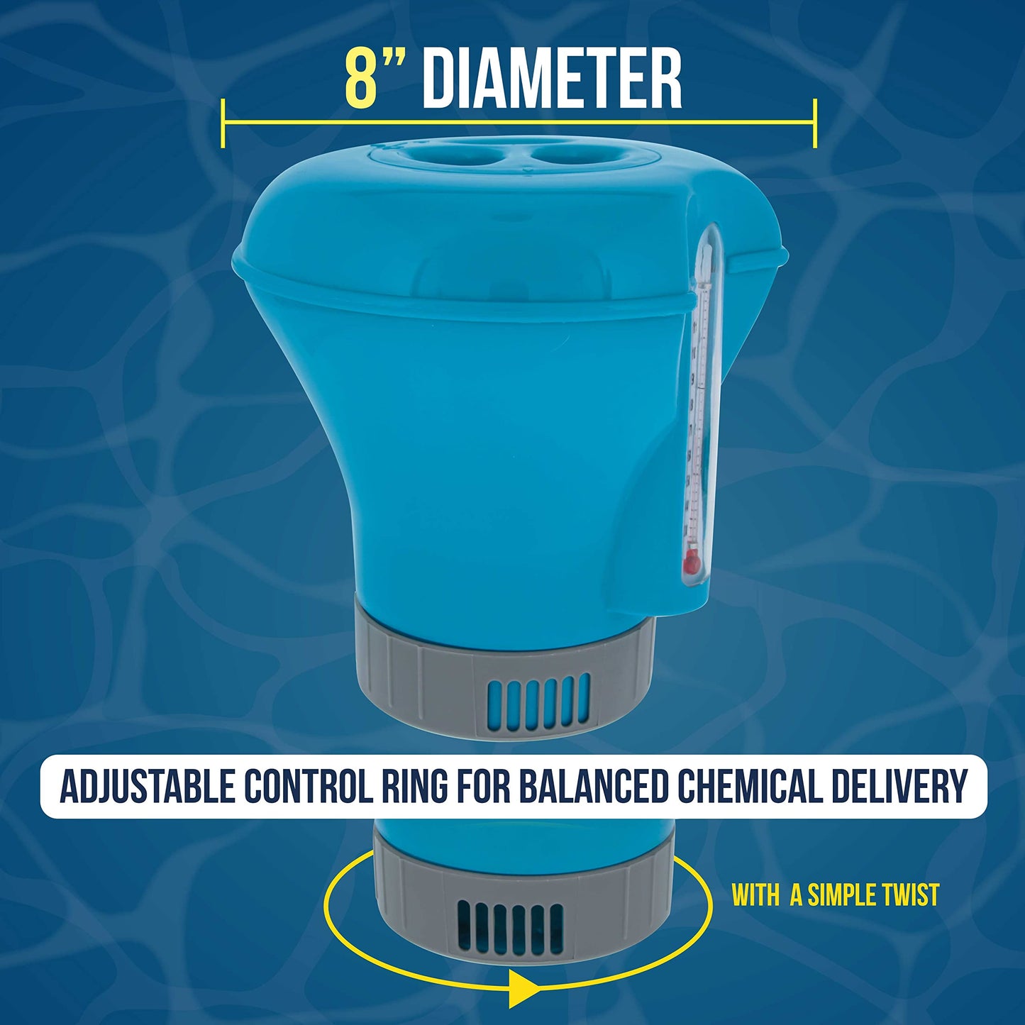 U.S. Pool Supply Pool Chlorine Floater Dispenser with Thermometer - 8" Diameter Floating Chlorinator, Large Capacity Holds 3" Tablets - Adjustable Ring for Balanced Delivery Multi