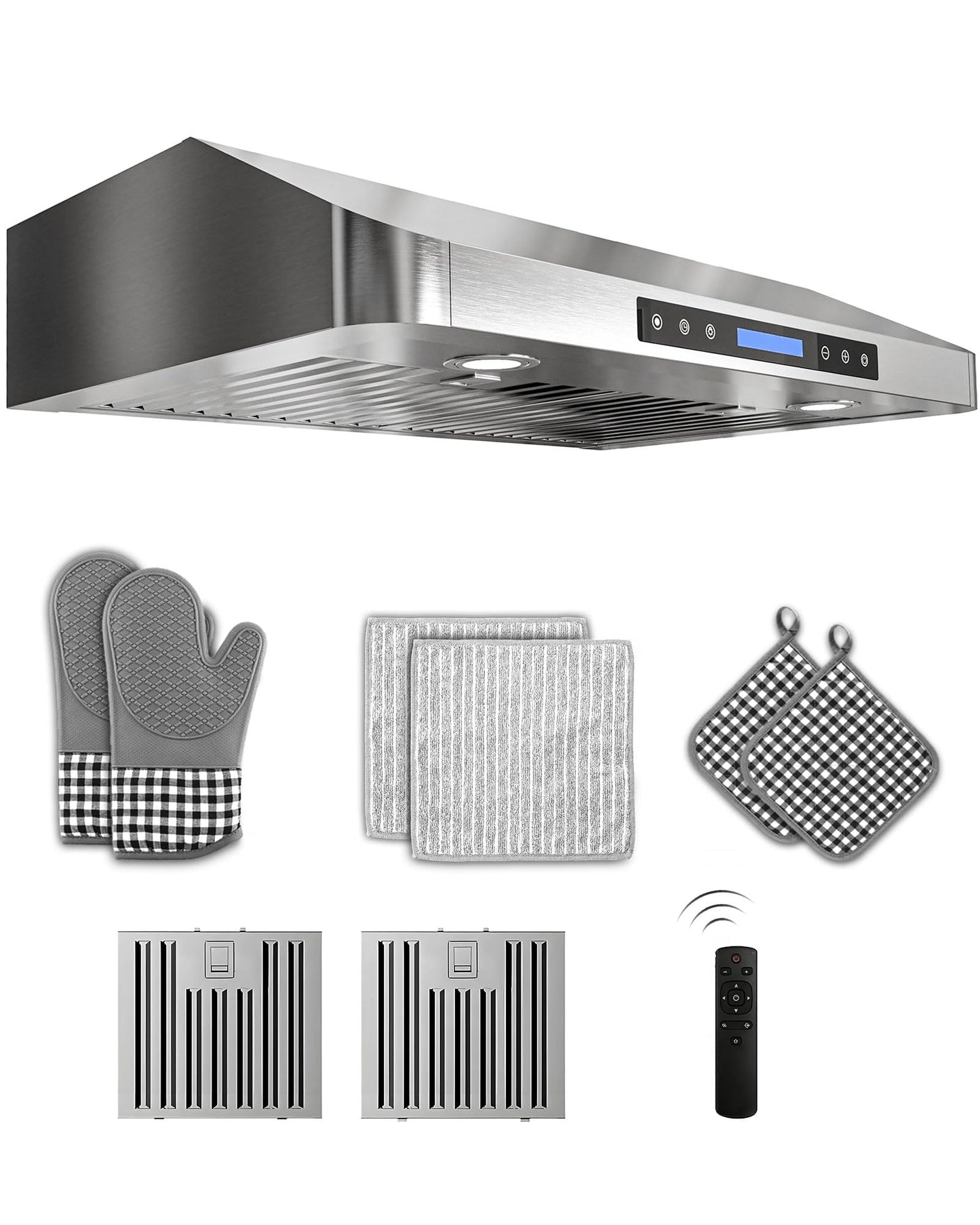 FlyPine 30 inch Stainless Steel Under Cabinet Range Hood - 900 CFM, Ultra-Quiet 4-Speed Vent, Touch/Remote Control LCD, LED Lights, External Venting