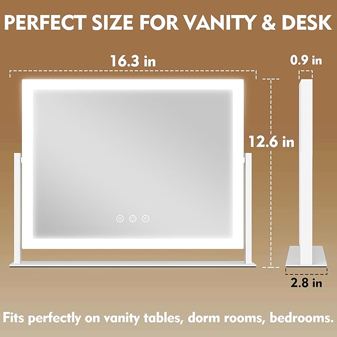 ROLOVE Lighted Makeup Mirror 16.3"x12.6", Hollywood Vanity Mirror with 10X Magnifier, 3 Color LED Lighting Modes, Smart Touch Control & 360° Rotation, Tabletop Makeup Mirror (White, Gift Ready)