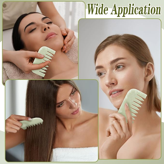 Geiserailie 2 Pcs Jade Combs Esthetician Supplies Massage Stone Hair Gua Sha Scraping Scalp Comb Facial Massage Tool Handheld Head Tools Head Caring Therapy Valentines for Women(Square Style)
