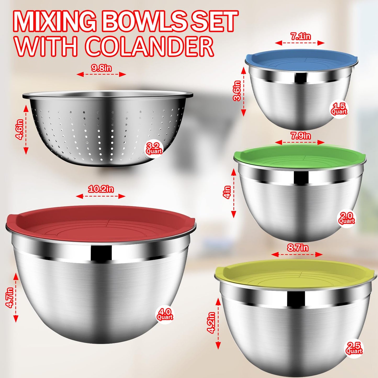 DUTZUN Mixing Bowls with Strainer, Mixing Bowl with Lids Set, Stainless Steel Mixing Bowls, Kitchen Gadgets 2025 Salad Bowls with Strainer for Mixing & Preping & Baking, Multicolor