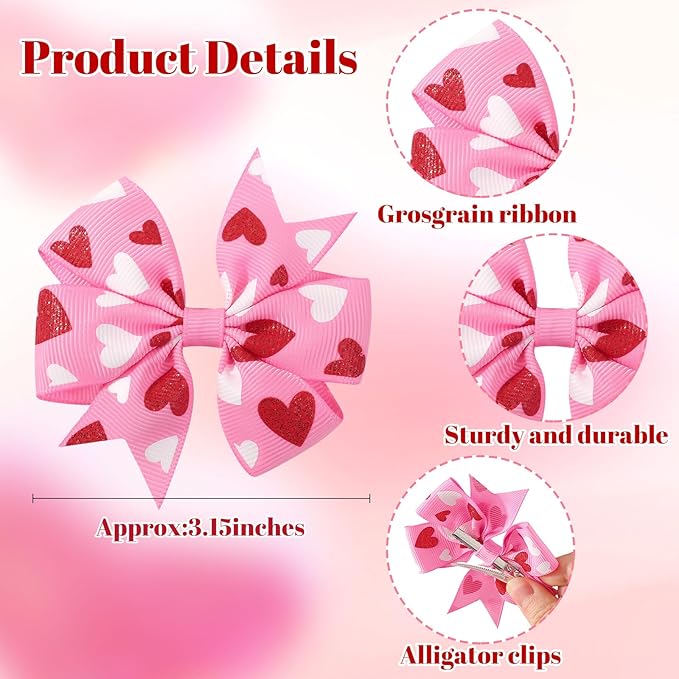 choicbaby 20pcs Valentines Hair Bows Toddler Girls Hair Clips 3＂Grosgrain Ribbon Baby Bow Clips Valentines Love Heart Pattern Bows with Alligator Clips Hair Accessories for Toddler Girls Baby Kids