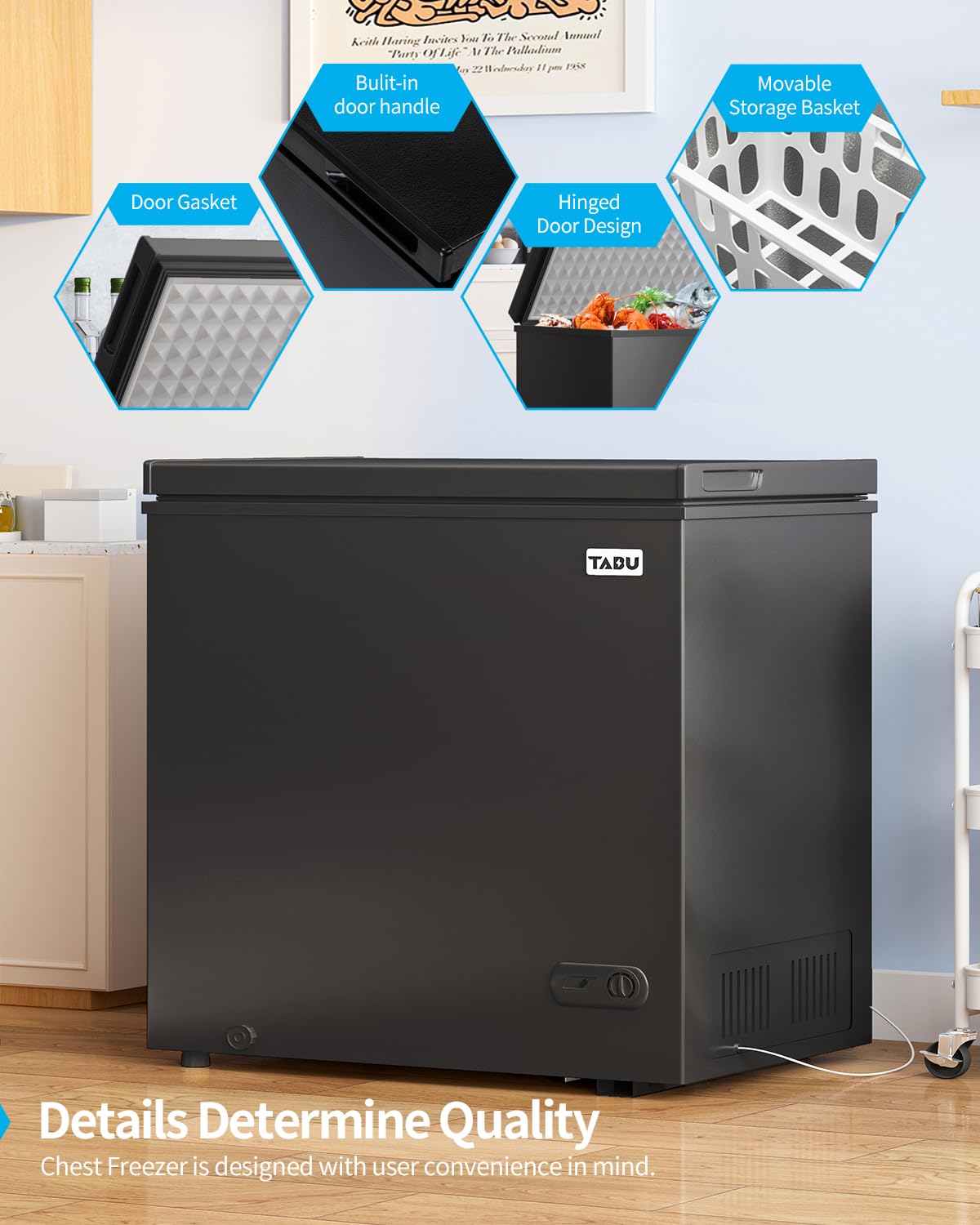 TABU 12.0 Cu Ft Chest Deep Freezer, Large Freestanding Chest Freezer with 7 Level Adjustable Thermostat, Compact Top-opening Deep Freezer with Removable Storage Basket, Black