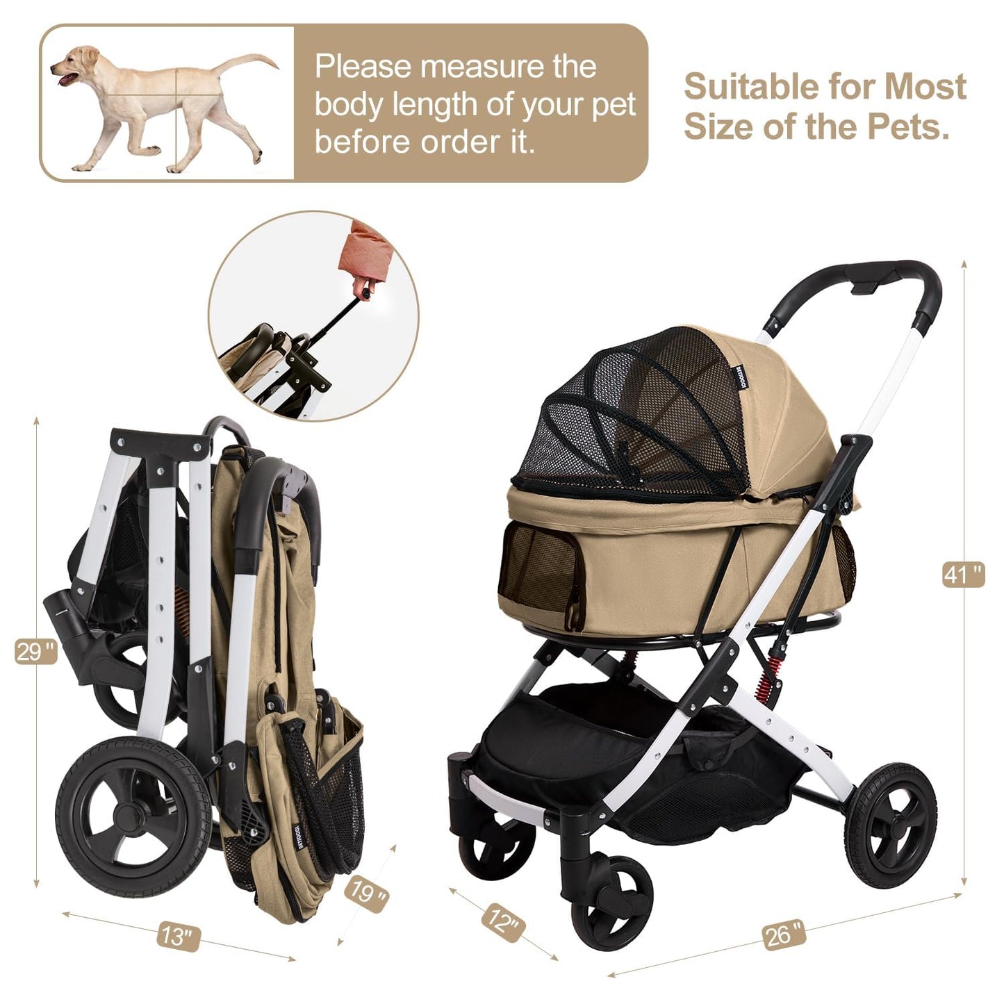 BETSOCCI Pet Stroller for Medium Small Dog & Cat, Foldable Lightweight Dog Stroller with Storage Basket Pet Travel Carriage with Safety Leashes, 4 Wheel, Khaki