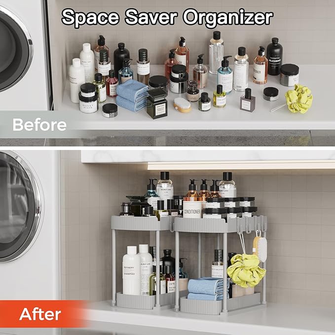 2 Pack Multi-Purpose Pull-Out Storage Organizers, Under Sink Organizers and Storage for Bathroom & Kitchen, Under Cabinet Organizers and storage, 12.8 Inch, Grey