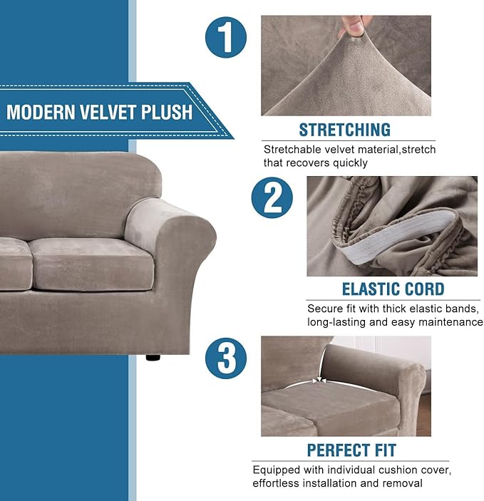 H.VERSAILTEX Rich Stretch 2 Piece Chair Cover Chair Slipcover Sofa Cover Furniture Protector Couch Soft with Elastic Bottom Chair Couch Cover with Arms Width Up to 49 Inch(Chair, Taupe)