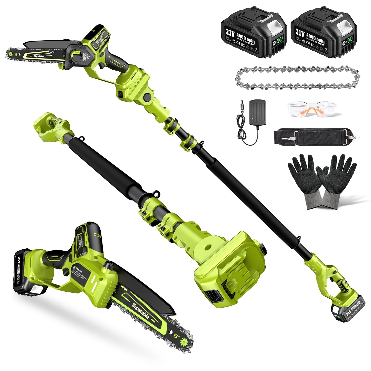 Electric Pole Saws for Tree Trimming, 8 Inch & 6 Inch Mini Chainsaw Cordless with Extension Pole, 16Ft Reach, 2x4.0Ah Battery, Auto Oiling, Tool-Free Chain Tensioning, Tree Trimmer for Branch Limb Cut
