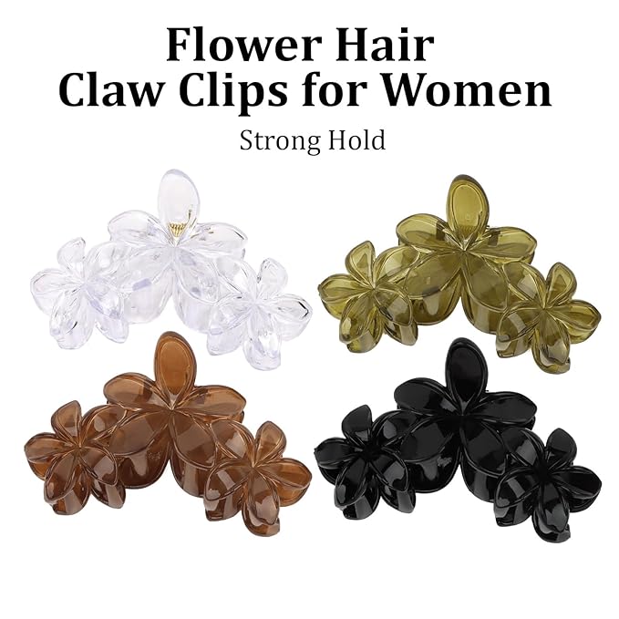 4Pcs Flower Hair Clips Large Matte Hair Claw for Women Non-Slip Strong Hold Clips for Thick Hair, Hair Accessories，Green，Brown，White，Black