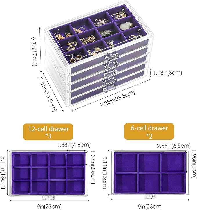 ProCase Earring Holder Organizer Jewelry Box with 5 Drawers, Acrylic Clear Earring Case with Adjustable Velvet Trays for Women - Purple, 5 Layers
