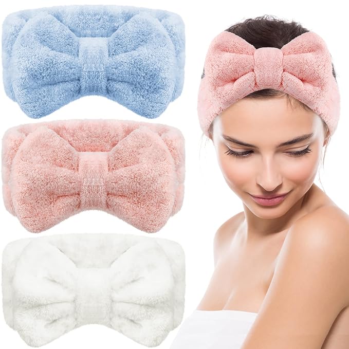 3 Pieces Towel Headbands for Women Makeup Headband for Washing Face Makeup Spa Headband, Microfiber Bowtie Shower Headband for Women(Light Orange, Blue, White)