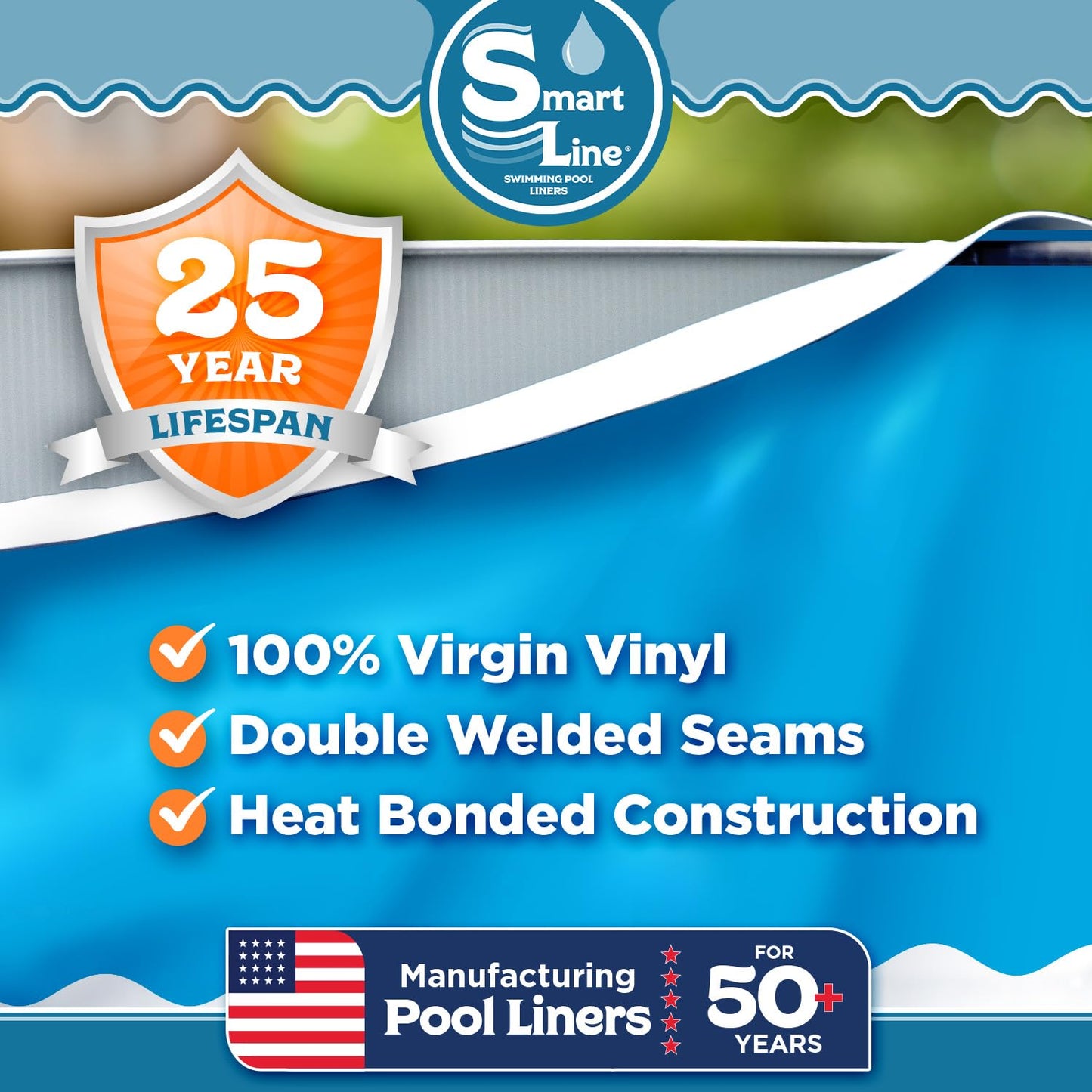 Smartline 8 ft Round Swimming Pool Liner | Solid Blue | Overlap Style | 48-52 Inch Wall Height | 25 Gauge Heavy Duty Virgin Vinyl | Designed for Steel Sided Above Ground Pools