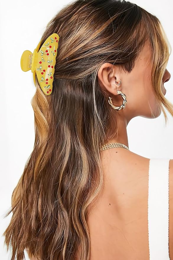 LILIE&WHITE Yellow Acrylic Hair Clips For Women Cherry Hair Clip Claw With The Rhinestone Pattern In Red Cherry Strong Hair Fix Hair Clips Jewelry Fashion Present For Women Hair Accessory