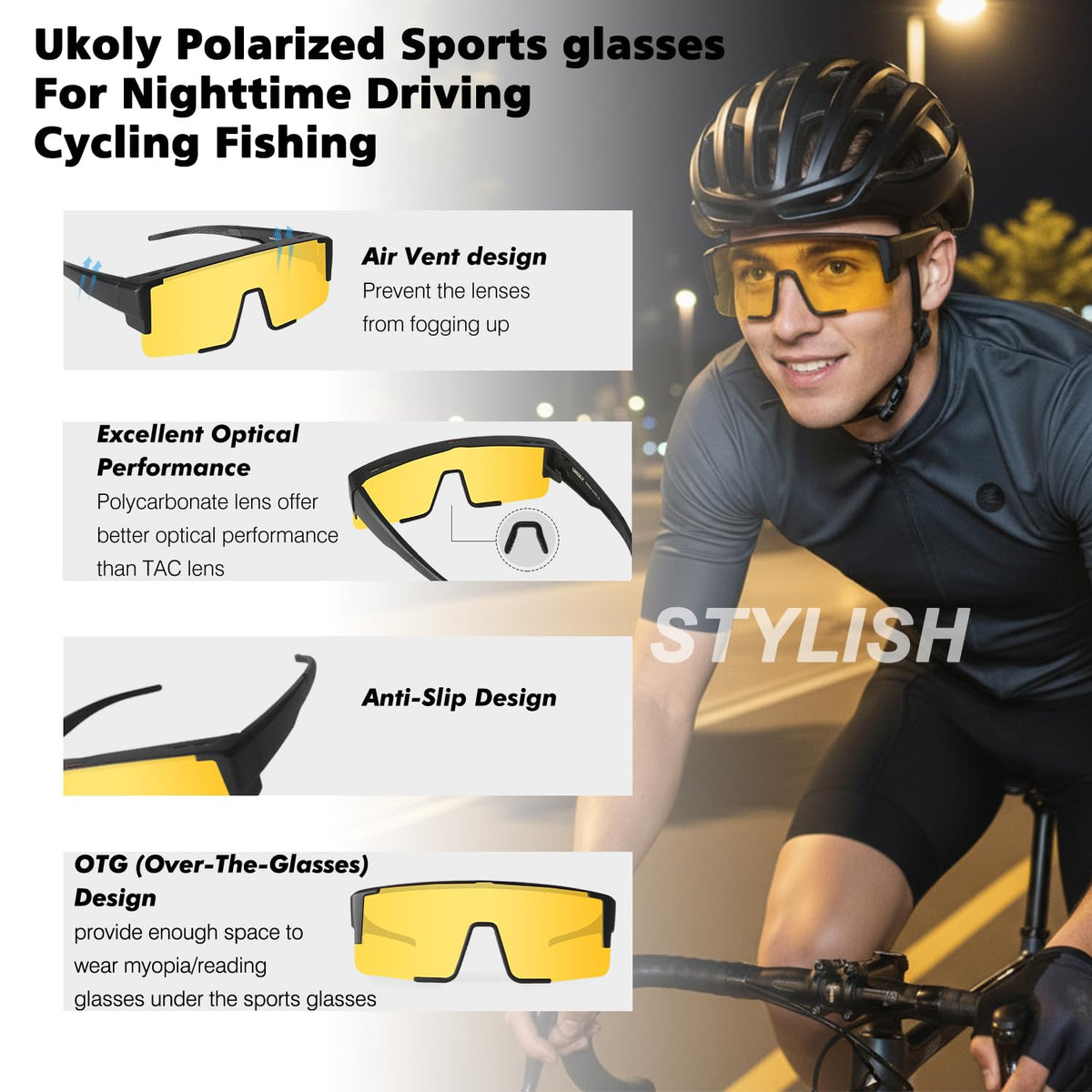 Ukoly Polarized Night Driving/Cycling Glasses For Men Women,Sport Night Vision Glasses Anti Glare HD Lens UV400 Coating