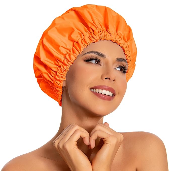 Reusable Shower Cap for Women, Large Waterproof Shower Bonnet with Elastic Band, Washable Bath Hair Cap for Long, Curly Hair, Braids, Daily Shower, Home Spa, Travel(Orange)