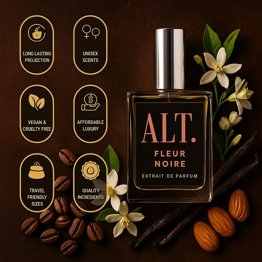 ALT. FRAGRANCES Fleur Noire - Inspired by Black Opium Perfume for Women, Extrait de Parfum, Long Lasting Fragrance with Coffee, Jasmine & Vanilla Notes, 100ml
