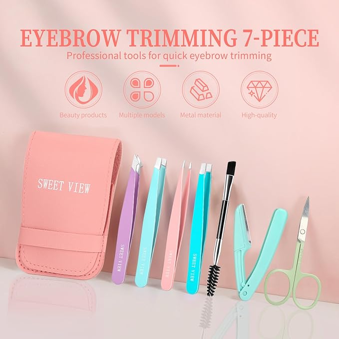 SWEET VIEW 7pcs Eyebrow Tweezers Kit for Women Precision Plucker with Brow Scissors & Razor & Spoolie for Facial, Chin, Brow, Splinter and Ingrown Hair