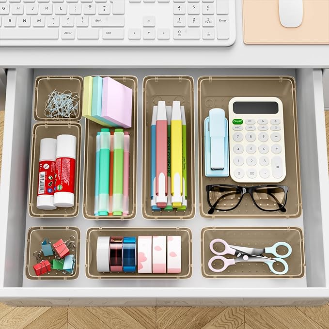 12 PCS Drawer Organizer Set, 4 Sizes Tool Storage Trays, Clear Plastic Makeup Vanity Organizer and Storage Bins for Stationeries, Multiple Gadgets for Office, Bedroom, Champagne