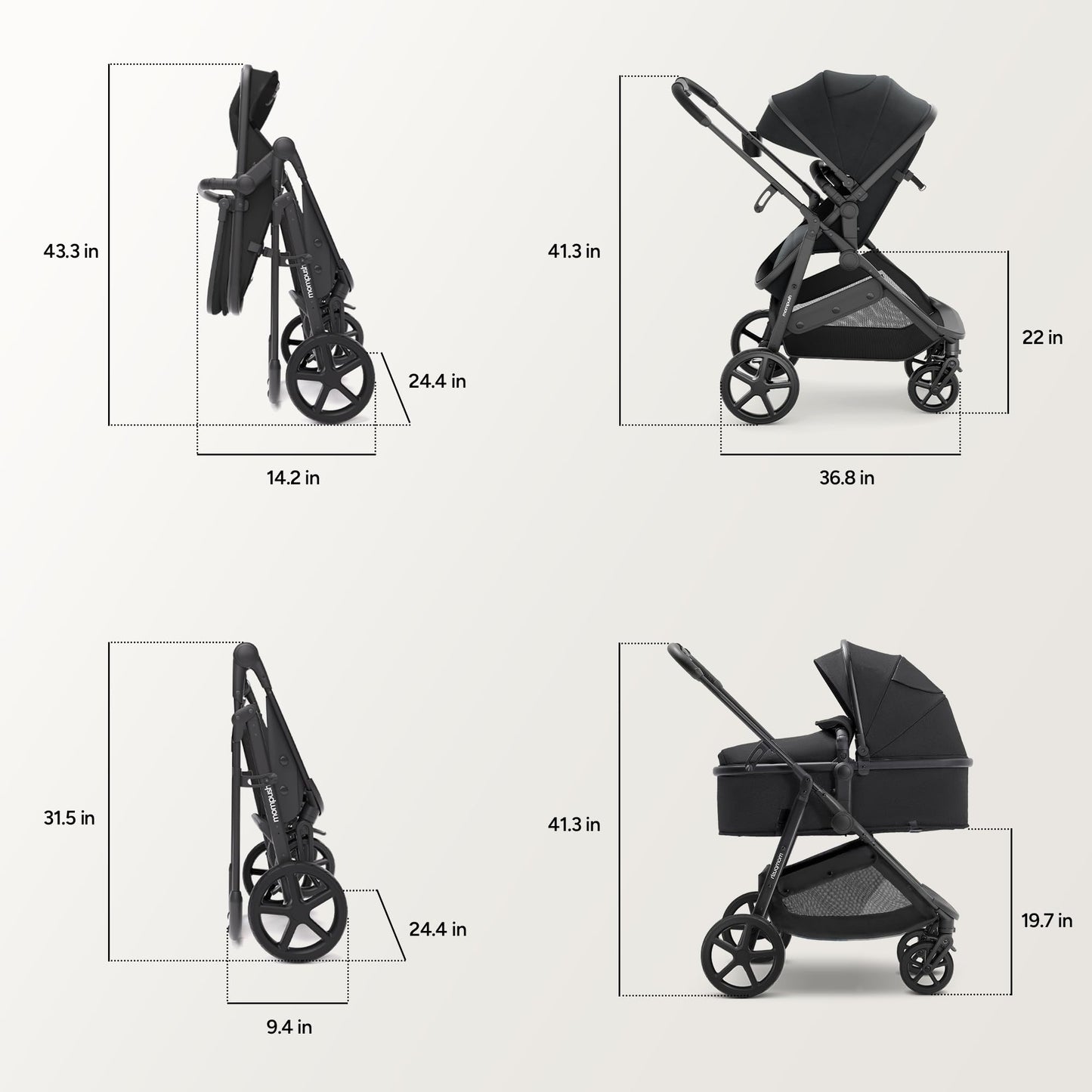 Mompush Wiz 2 in 1 Baby Stroller with Infant Pramette Mode, One Hand Fold Convertible Newborn to Toddler Stroller with Reversible Seat and Large UPF 50+ Canopy