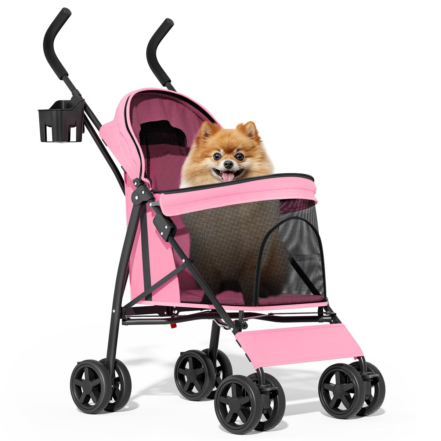MoNiBloom 4 Wheels Pet Stroller, Easy-Fold Puppy Cage Jogger Stroller with Sun Cover, Pad and Rear Storage Bag, Breathable and Visible Mesh for Small/Medium Pets up to 22 lbs, Pink