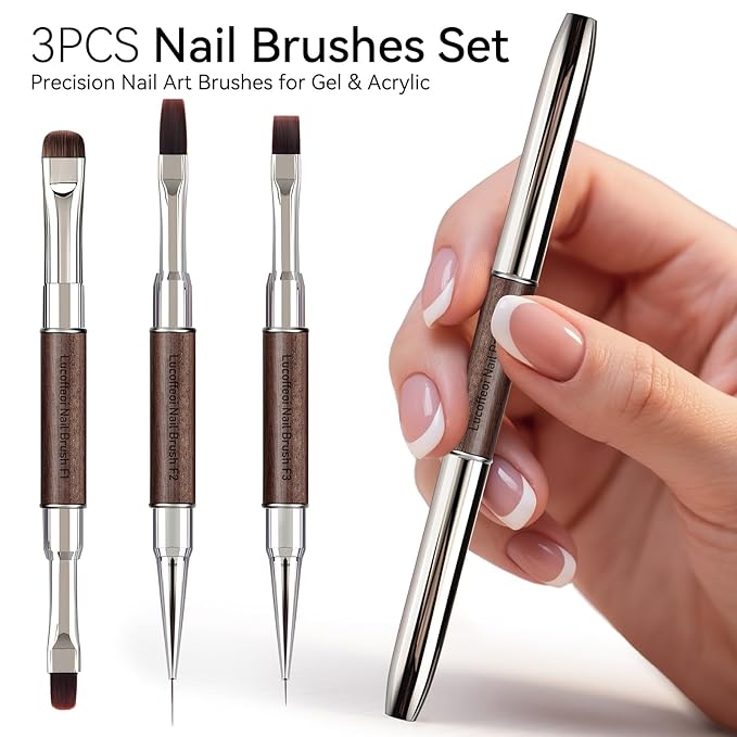 Nail Art Clean Up Brushes, Dual-End French Tip Brush 3PCS Set - Flat/Oval/Angled Dual Head Gel Nail Brushes for Polish Mistakes, Cuticle Cleaning, Acrylic & Polygel Nail Design Painting DIY Tools