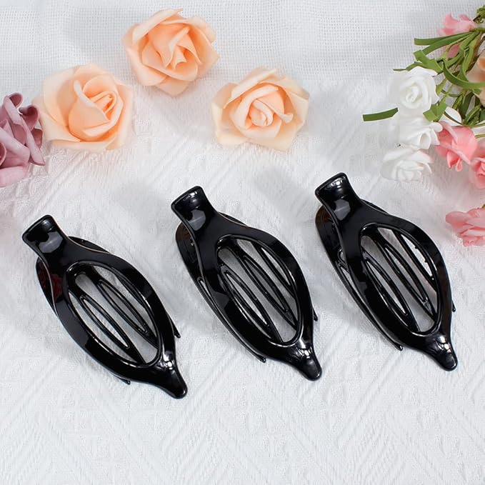 Black Hair Barrettes - Alligator Claw Clips, 3 French Lay Down Duck Billed Clips for Thin Hair